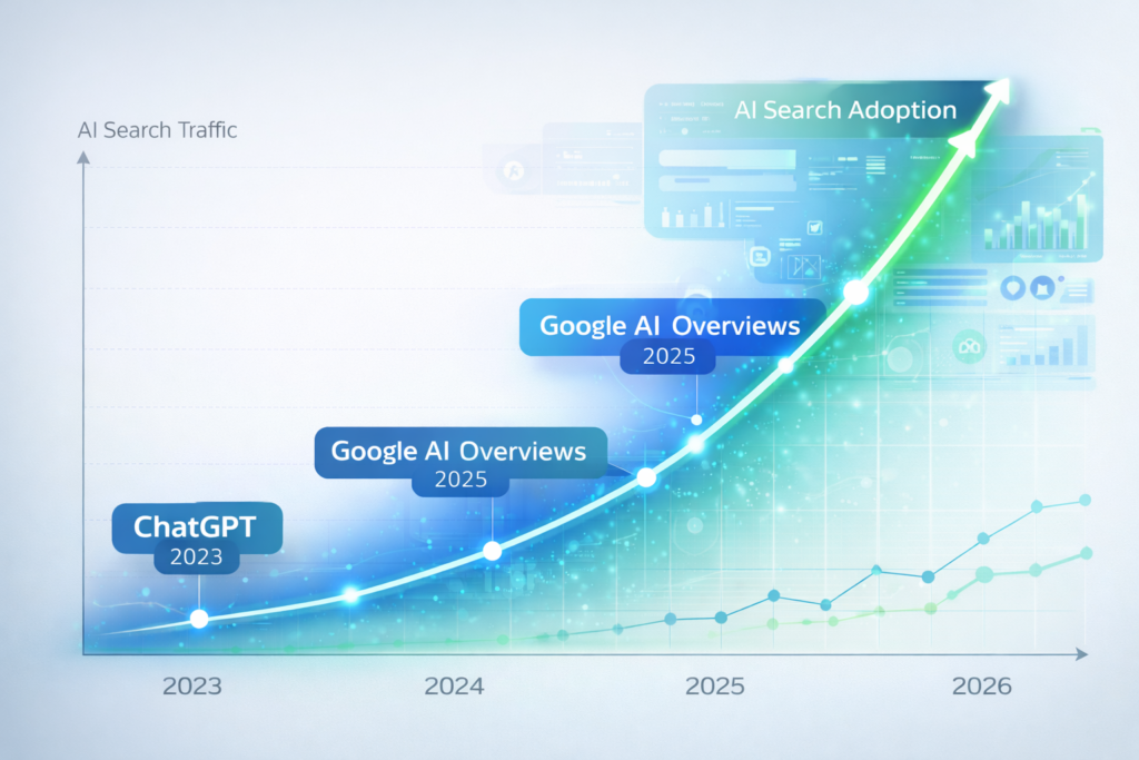 AI search traffic growth chart from 2023 to 2026 showing increasing adoption of ChatGPT, Google AI overviews and generative search impacting SEO strategies