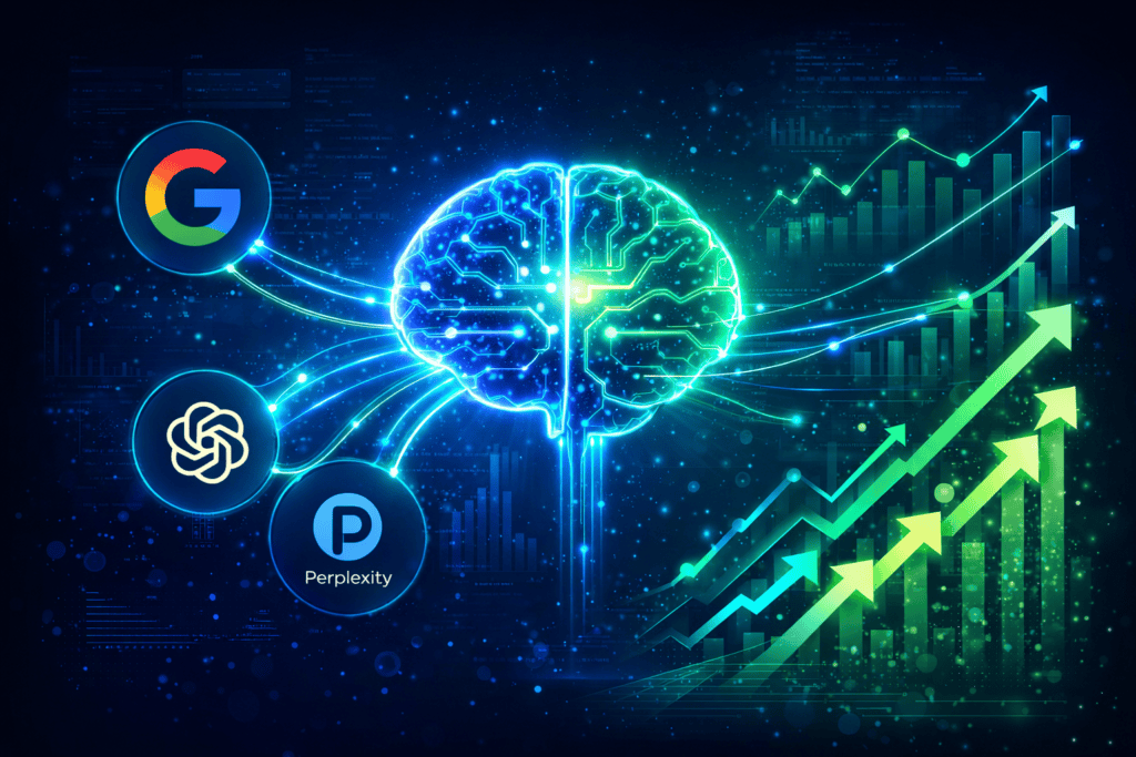 Generative engine optimization strategy showing AI search visibility, SEO ranking growth and AI powered search engines indexing content for better organic traffic