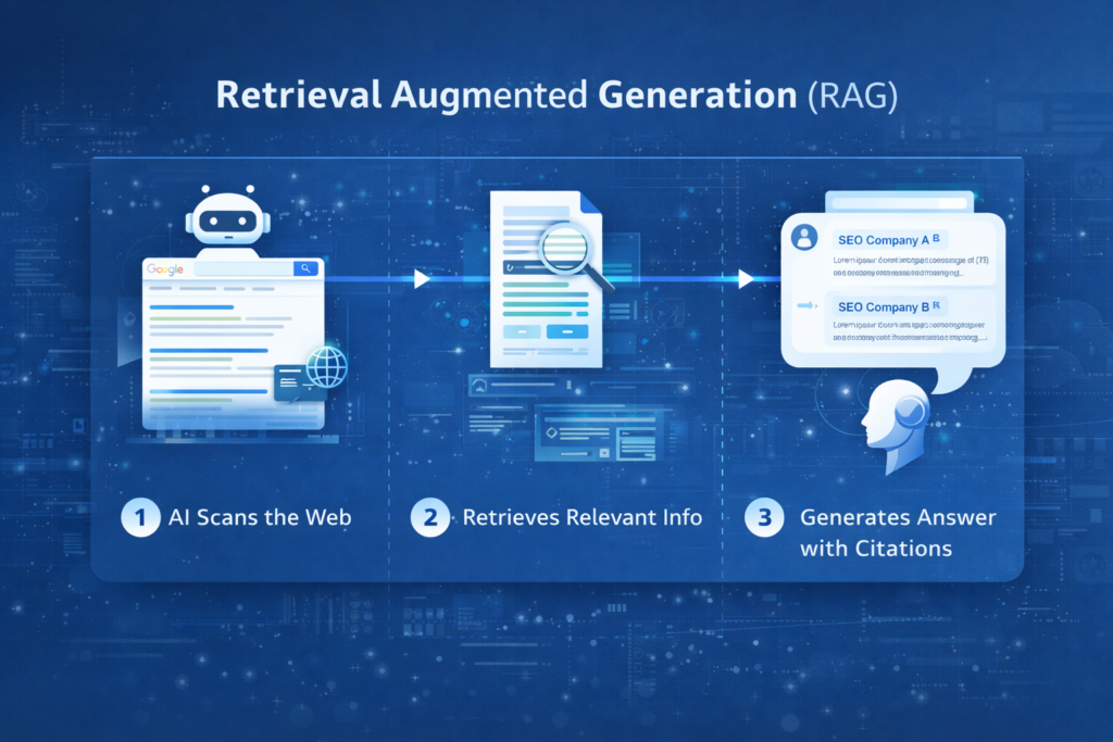 retrieval augmented generation RAG diagram showing how AI scans the web retrieves relevant content and generates answers with citations from trusted sources